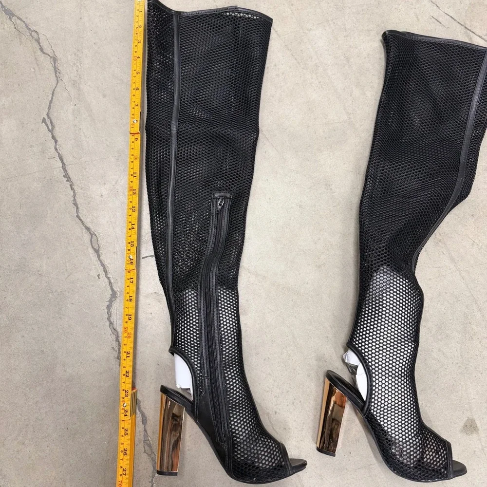 Bamboo Black Mesh Over The Knee Boots Open Toe Gold Block Heel Womens 7